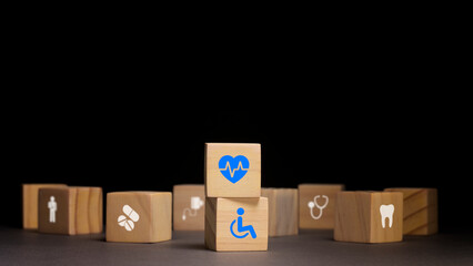 Medical insurance concept, stack of wooden blocks with medical icon. safety and health insurance....