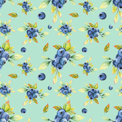 Watercolor seamless pattern. Design on a blue background with blueberry leaves. Berry seamless design.