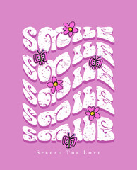 Cute groovy style slogan text. Butterfly and flower drawings on pink. Fashion graphics and t shirt prints design. - obrazy, fototapety, plakaty
