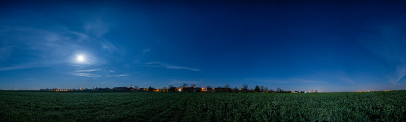 Panorama 360 degrees of countryside Olszanka at midnight, spring