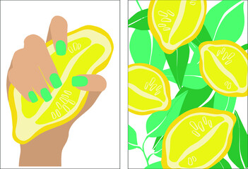 Lemon in modern style. A woman's hand with a manicure holds a lemon. Vector illustration poster set. Modern contemporary fashion vector illustration. Minimal abstract background. Print design.