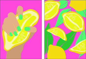 Lemon in modern style. A woman's hand with a manicure holds a lemon. Set of vector illustrations on a pink background. Modern contemporary vector illustration. Minimal abstract background.