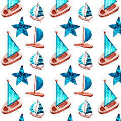 Watercolor seamless pattern with sailing ships, wooden boats and starfish. Background with blue nautical design elements.