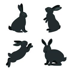 Rabbit vector cartoon set icon. Four dark rabbits on white background.