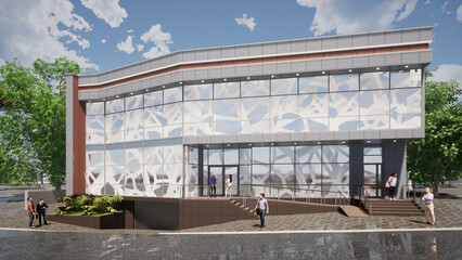 Obraz premium Office and shop building. Modern architecture. 3d visualization of the project.