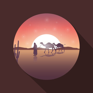 Camel Herder At Night Illustration