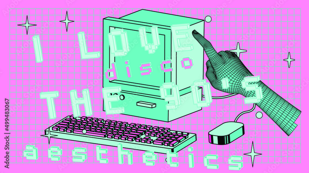 Poster retro pc computer in acid neon colors. vector illustration in vaporwave style.