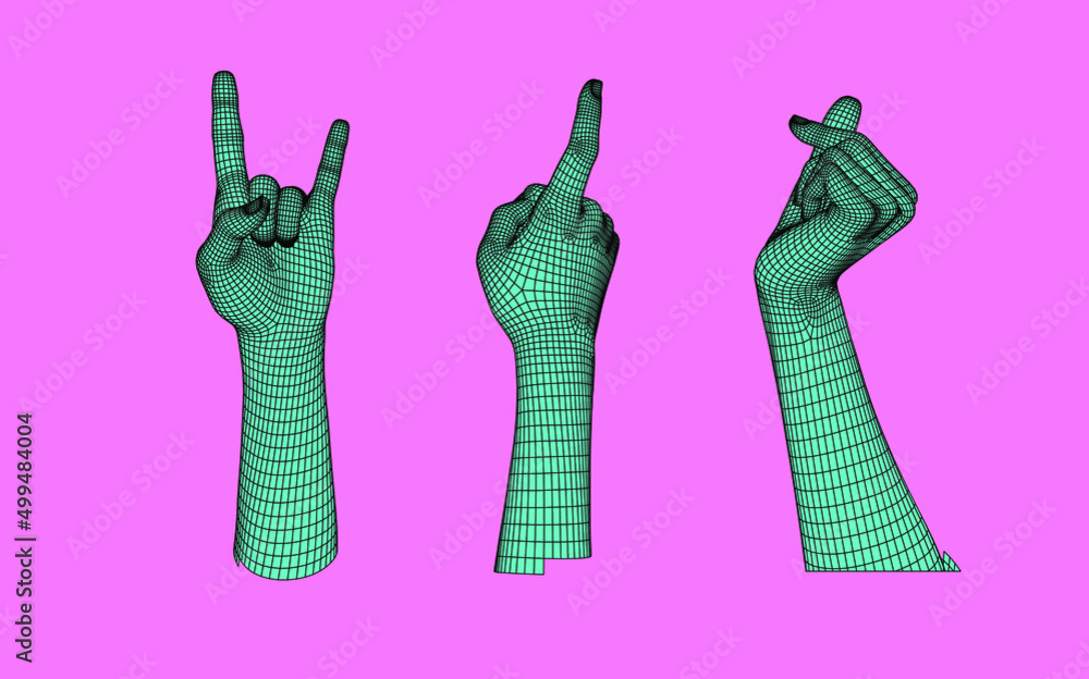 Poster set of 3d low-poly hand models made of polygonal wireframe. futuristic style illustration.