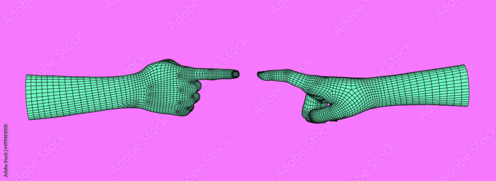Poster low-poly 3d hands going to touch together. vector illustration in retrofuturistic cyberpunk style.