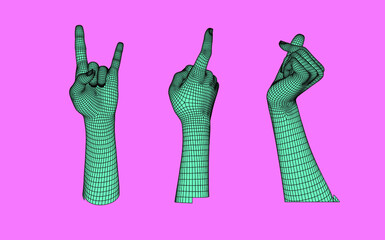 Set of 3D low-poly hand models made of polygonal wireframe. Futuristic style illustration.