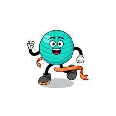 Mascot cartoon of exercise ball running on finish line