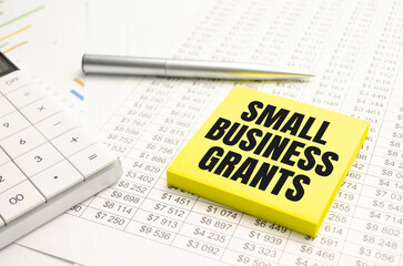 sheets of paper and a sheet of blue paper with the inscription SMALL BUSINESS GRANTS