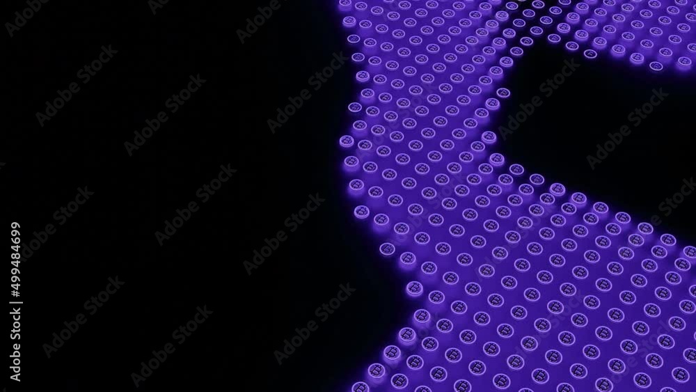Poster abstract unusual spinning field of tiny bitcoin icons isolated on a black background, seamless loop.
