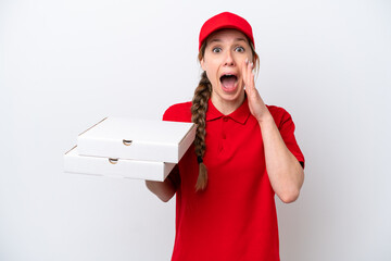 pizza delivery woman with work uniform picking up pizza boxes isolated on white background with...