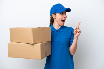 Delivery caucasian woman isolated on white background intending to realizes the solution while lifting a finger up