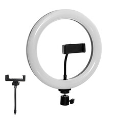 selfie ring lamp with smartphone holder, isolated on white background