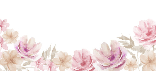 Floral Watercolour Background. Flower Watercolor Painted Border on white.
