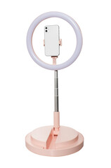 selfie ring lamp with smartphone holder, on stand isolated on white background