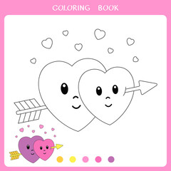 Simple educational game for kids. Vector illustration of cute two hearts pierced by Cupid's golden arrow  for coloring book