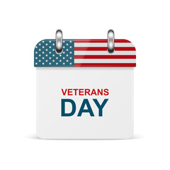 Vector 3d Realistic Veterans Day Paper Classic Simple Minimalistic Calendar with US Flag Colors Icon. Design Template for Veterans Day Card, Banner, Wall Calendar, Background
