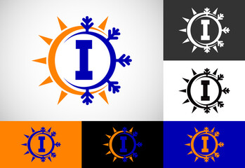 Initial I monogram alphabet with abstract sun and snow. Air conditioner logo sign symbol. Hot and cold symbol.