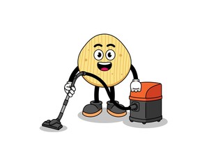Character mascot of potato chip holding vacuum cleaner