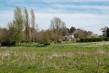 looking across meadows and a paddock to an English period country house, secluded by garden trees and hedgerow