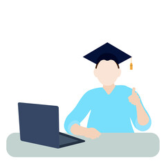 Portrait of a student in a graduation cap with a laptop, vector, isolated on white background, faceless illustration, happy student