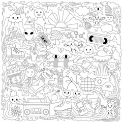 Abstract doodle coloring page with different objects, technologies and characters. Anti stress coloring book. Vector illustration.