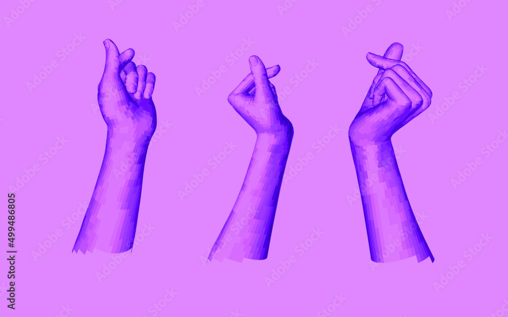 Poster set of 3d low-poly hand models made of polygonal wireframe. futuristic style illustration.