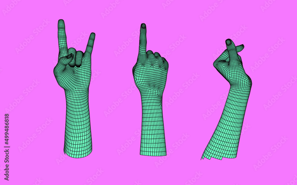 Poster set of 3d low-poly hand models made of polygonal wireframe. futuristic style illustration.