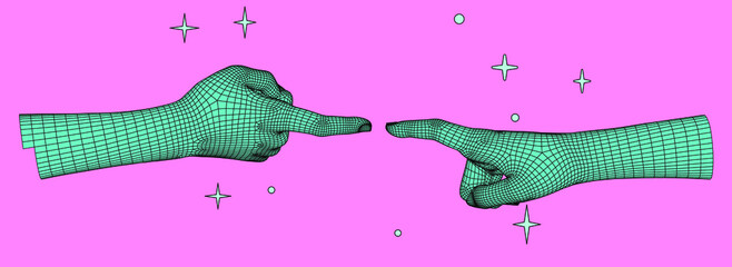 Low polygonal 3D hands going to touch together. Vector illustration in retrofuturistic vaporwave style.