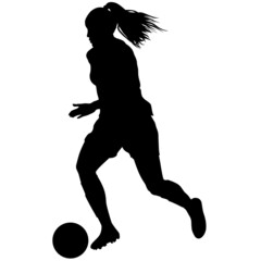 Fototapeta na wymiar Female Soccer player, Woman's Soccer in motion. Women's football running up for ball tee shot front view sport Silhouette