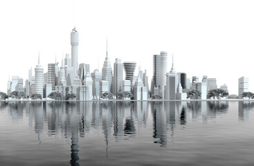 Fototapeta na wymiar Beautiful panoramic view of city 3D model. Modern city with skyscrapers, office buildings and residential blocks. 3D rendering illustration with beautiful reflection in the water