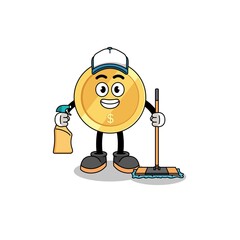 Character mascot of dollar coin as a cleaning services