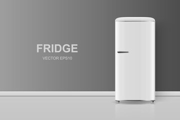 Vector Banner with 3d Realistic White Retro Vintage Fridge Isolated. Vertical Simple Refrigerator. Closed Fridge. Design Template, Mockup of Fridge. Front View