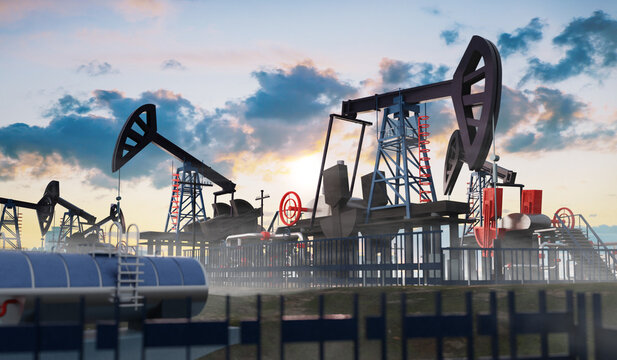 Oil pump, oil industry equipment, drilling derricks silhouette from oil field at sunset with dramatic sky. Energy supply crisis, power supply, energy crisis. 3D rendering 