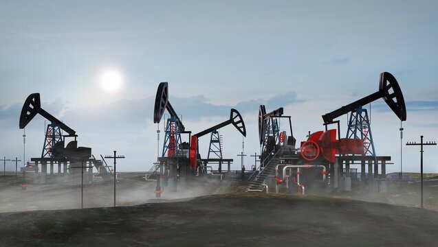Oil pump, oil industry equipment, drilling derricks silhouette from oil field at sunset with dramatic sky. Energy supply crisis, power supply, energy crisis. 3D rendering 