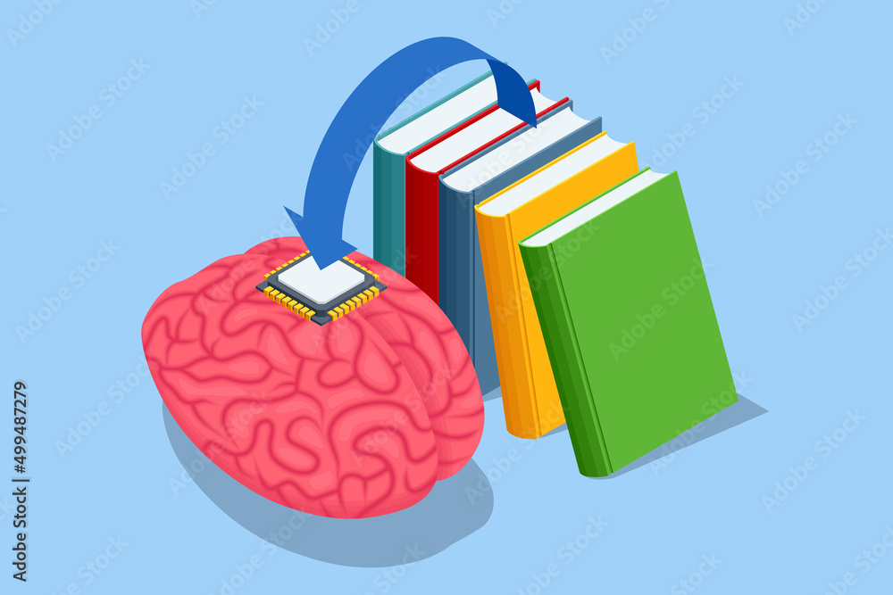 Poster isometric human brain with micro chip. artificial intelligence and implants of artificial organs.