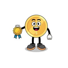 dollar coin cartoon illustration with satisfaction guaranteed medal