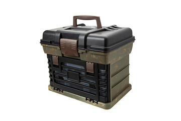 Fototapeta premium Portable plastic container with opening lid and additional sliding compartments. Fishing or hunting box. Isolate on a white back.