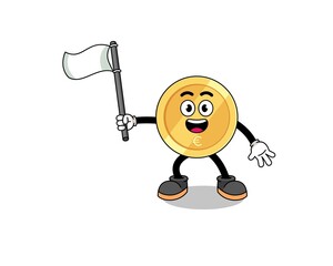 Cartoon Illustration of euro coin holding a white flag