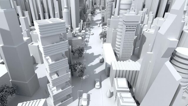 High street camera fly through the  Modern city with skyscrapers, office buildings, residential blocks and transport on the road. 3D rendering  city model areal view