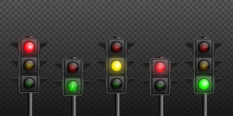 Vector 3d Realistic Detailed Road Turned on Traffic Light Icon Set Isolated. Safety Rules Concept, Design Templete. Stoplight, Traffic Lights