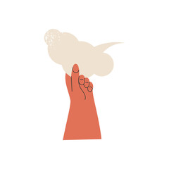 Voter with vote or Man's hand up holding white speech bubble with idea comment information opinion or message flat vector cartoon illustration. One person arm with poll card isolated on background