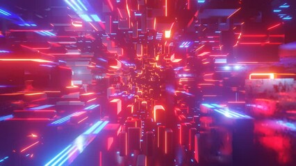 Hi-tech neon sci-fi tunel. Trendy neon glow lines form pattern and construction in mirror tunnel. Laser show Fly through technology cyberspace. 3d looped seamless 4k bright background. Obstacle course