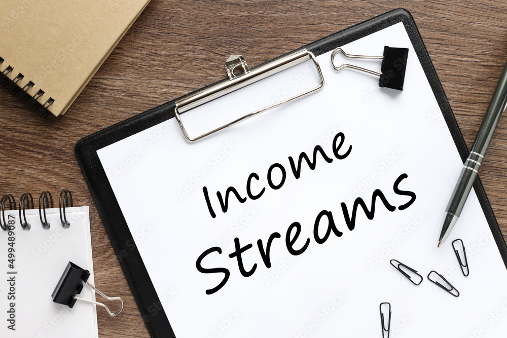 Poster income streams -folder with clip on table with space for text on wooden background