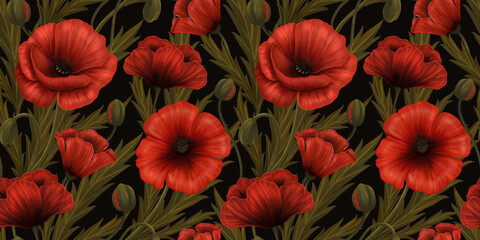 Fototapeta premium Floral seamless pattern with hand drawn watercolor red poppy flowers. Dark vintage wallpaper. Luxury botanical background. Glamor ornament illustration. Design for fabric, wallpaper, mural, blogging
