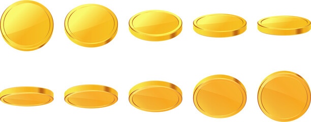 Set of rotating gold coins. 3d dollar coins. Golden money set.
