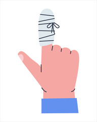 Bandage after a burn or injury to the index finger. Fractured toe with cast. Flat vector illustration. Eps 10
